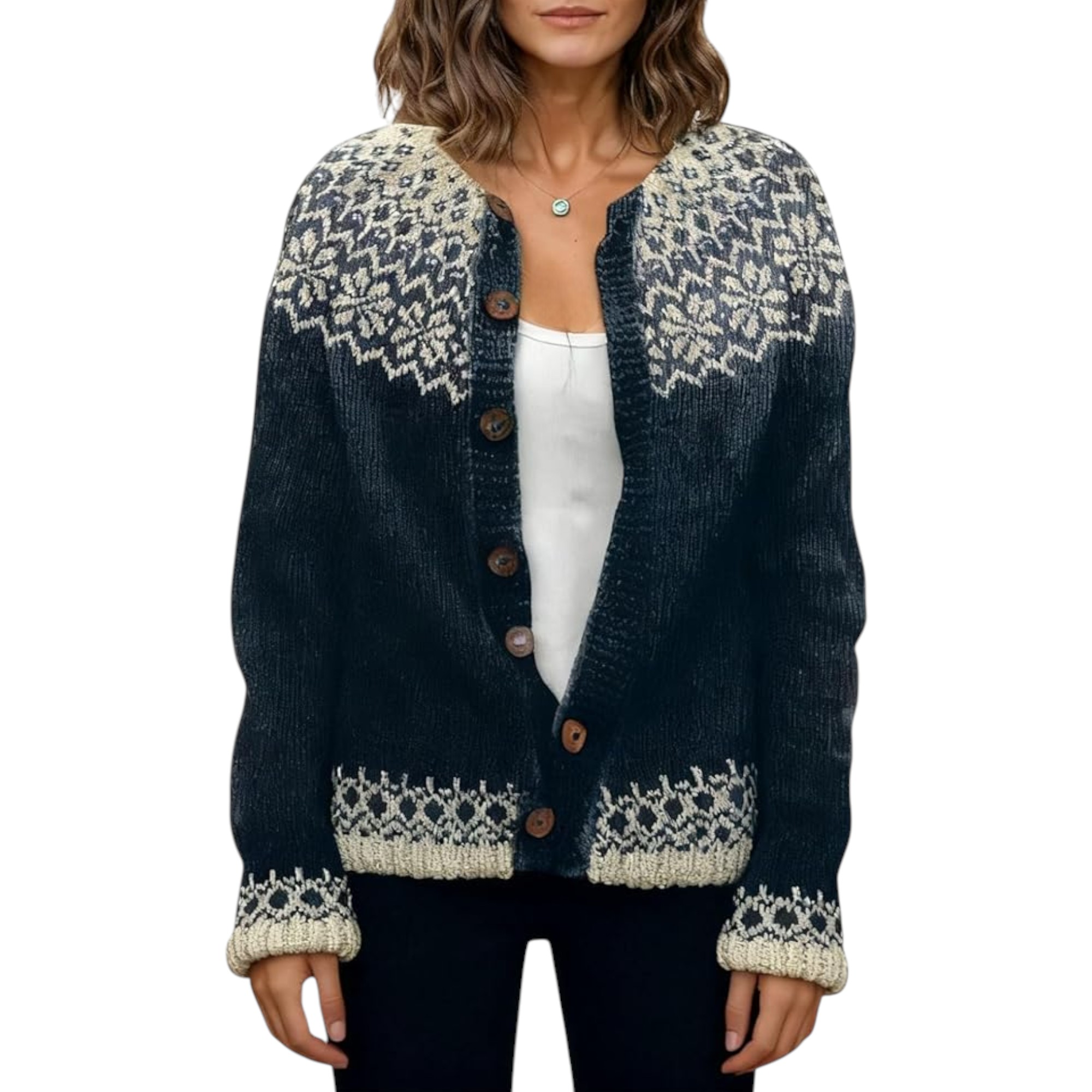 LIZALIG Plus Size Fair Isle Chunky Cardigan for Women – Vintage Style Button-Down Knit Sweater XL, Cozy Fall & Winter Wear