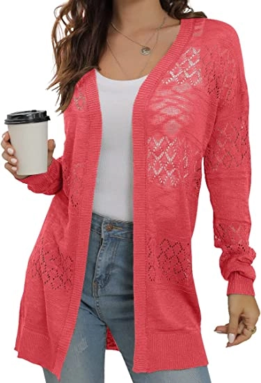 Women's Casual Lightweight Long Sleeve Cardigan Sweater, Open Front Crochet Sweater - XL, Orange Red