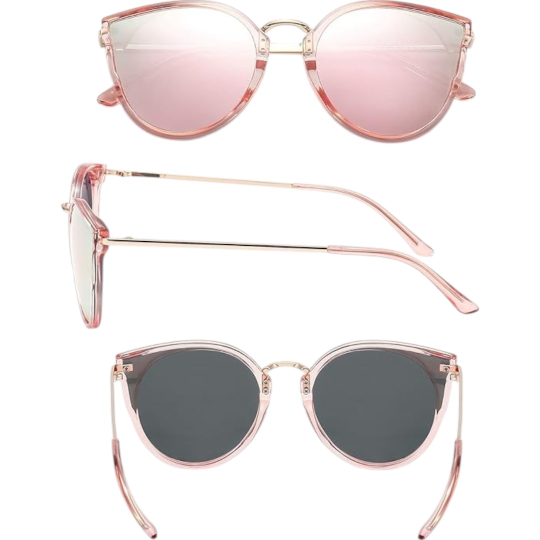 Oversized Vintage Polarized Cat Eye Sunglasses for Women UV400, Transparent Pink Frame/Pink Mirrored Lens