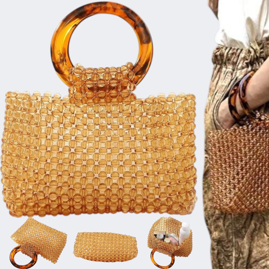 YIFEI Beaded Handbag: Wedding Clutch, Brown Acrylic - Pakistan Import