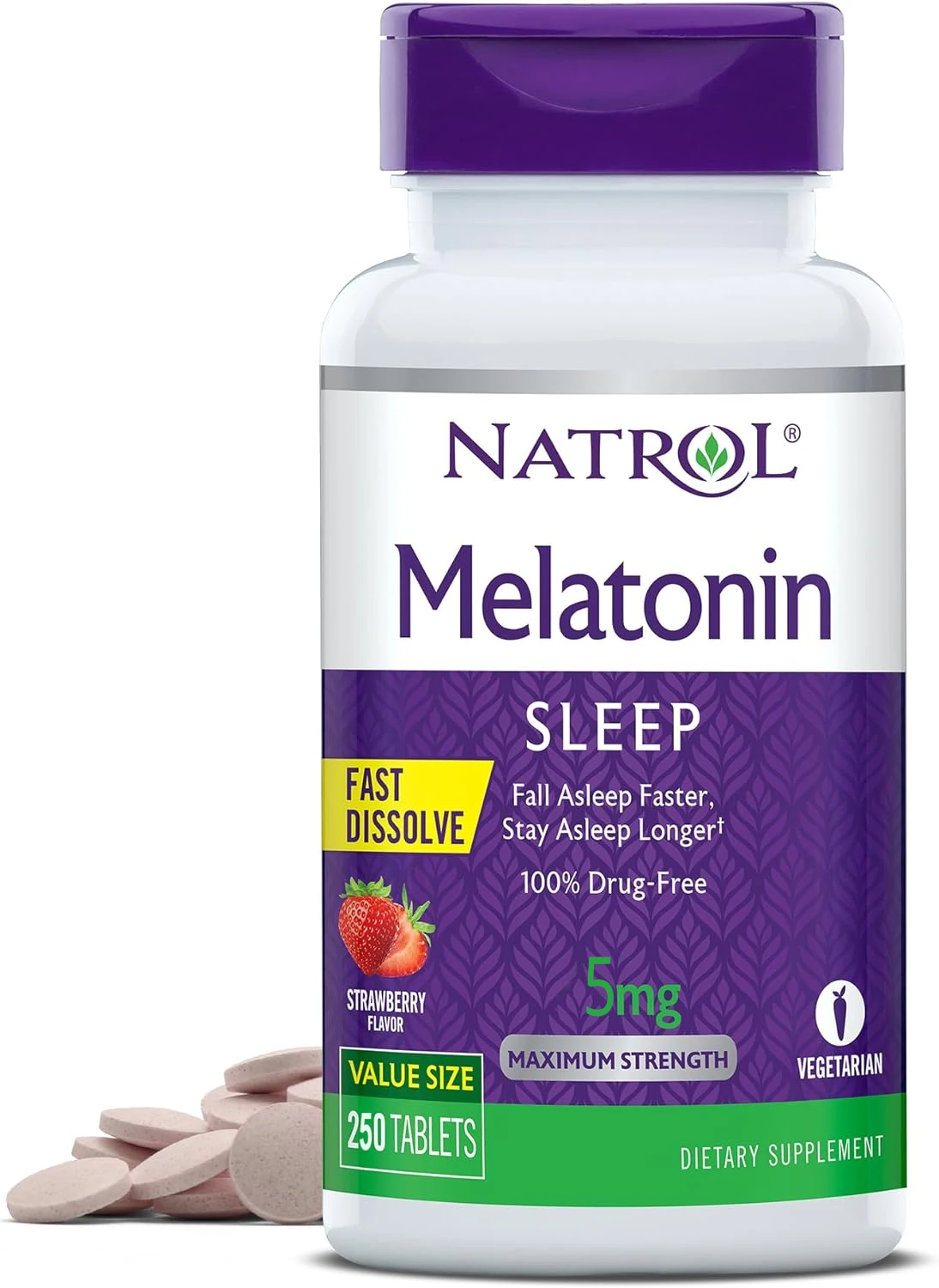 Strawberry Flavored Melatonin Tablets, Natrol Melatonin 5mg Fast Dissolve Tablets for Sleep Aid, 250 Count