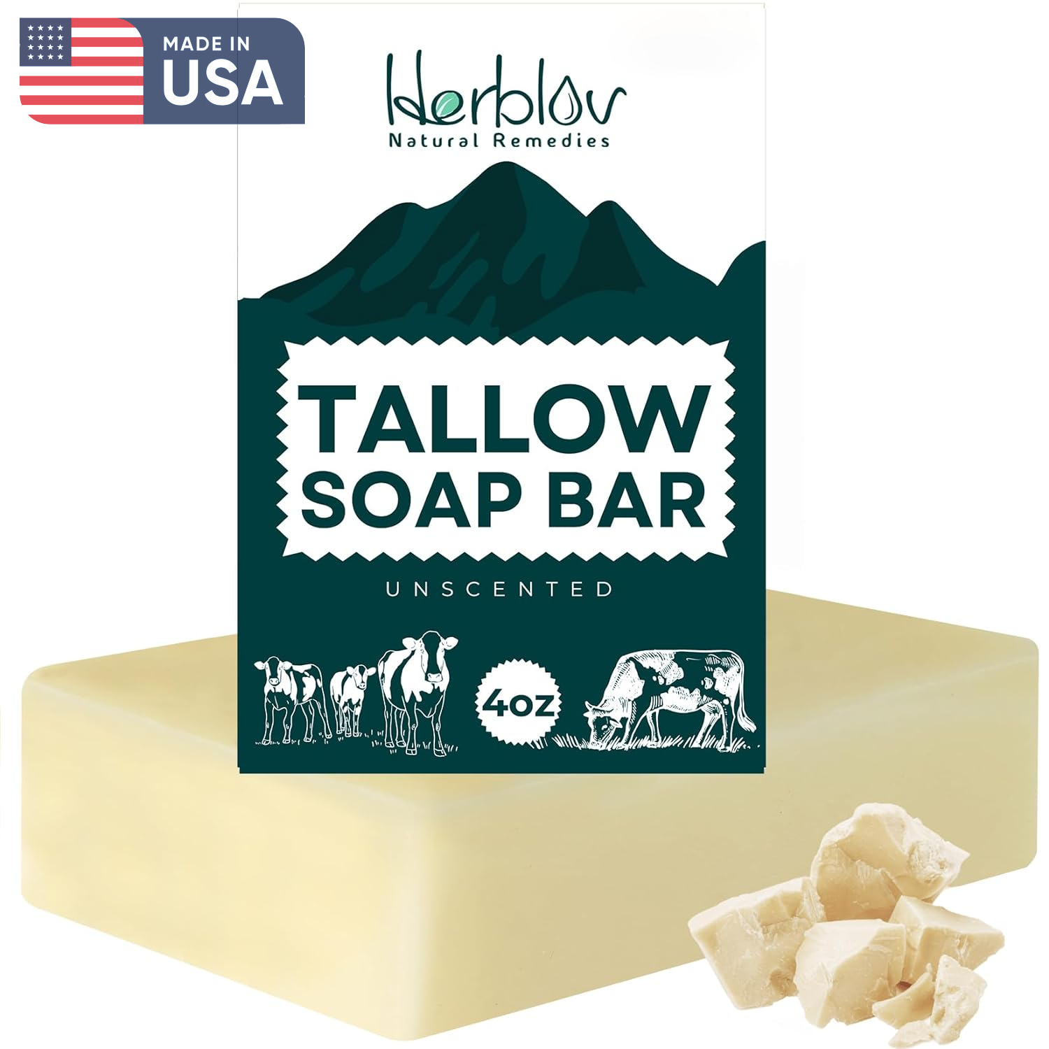 Beef Tallow Soap Bar – Unscented Grass-Fed Tallow Soap, Moisturizing for Face & Body, Ideal for Sensitive Skin