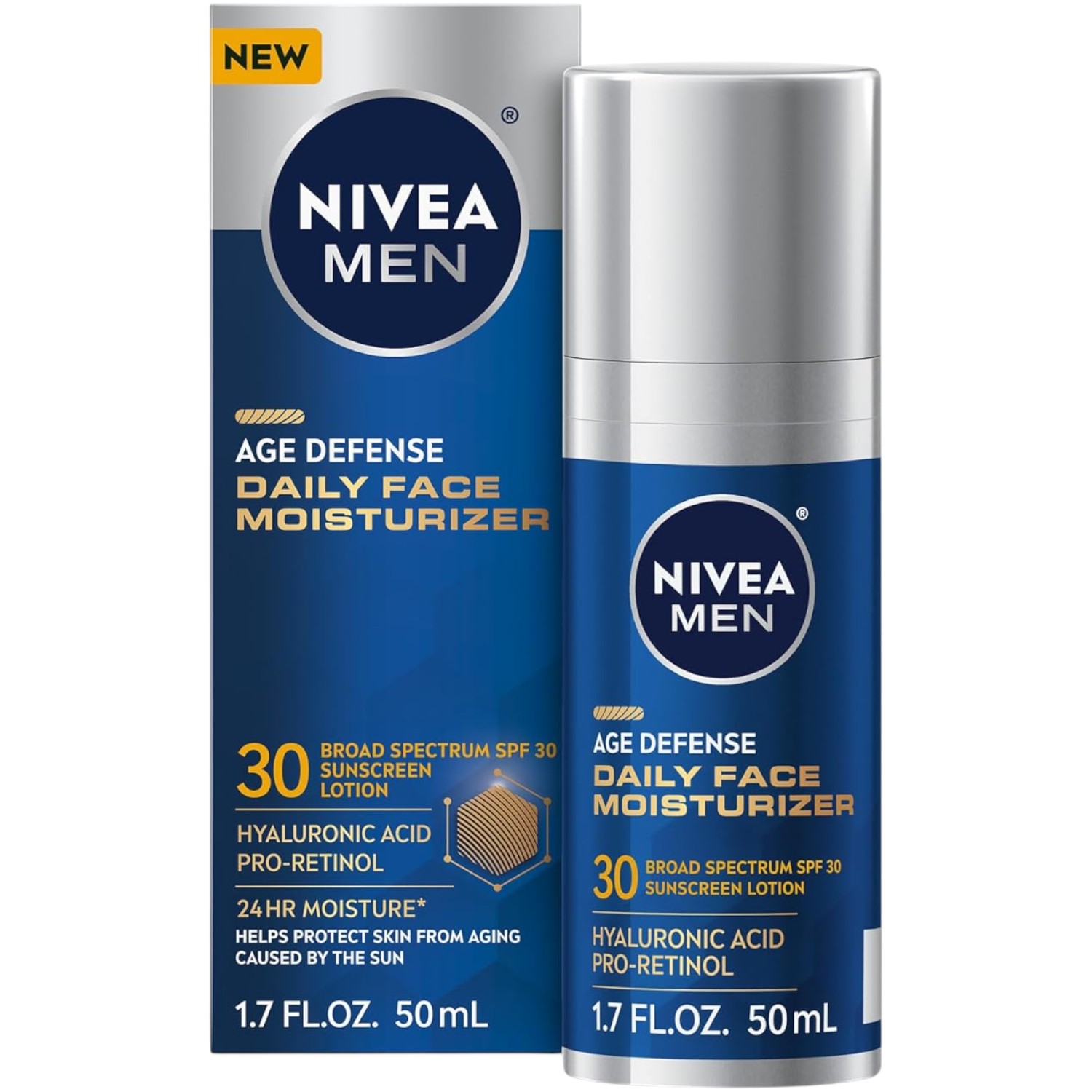 NIVEA Men Age Defense Daily Face Moisturizer with SPF 30 — Pro-Retinol & Hyaluronic Acid, Beard-Friendly, 1.7 fl oz