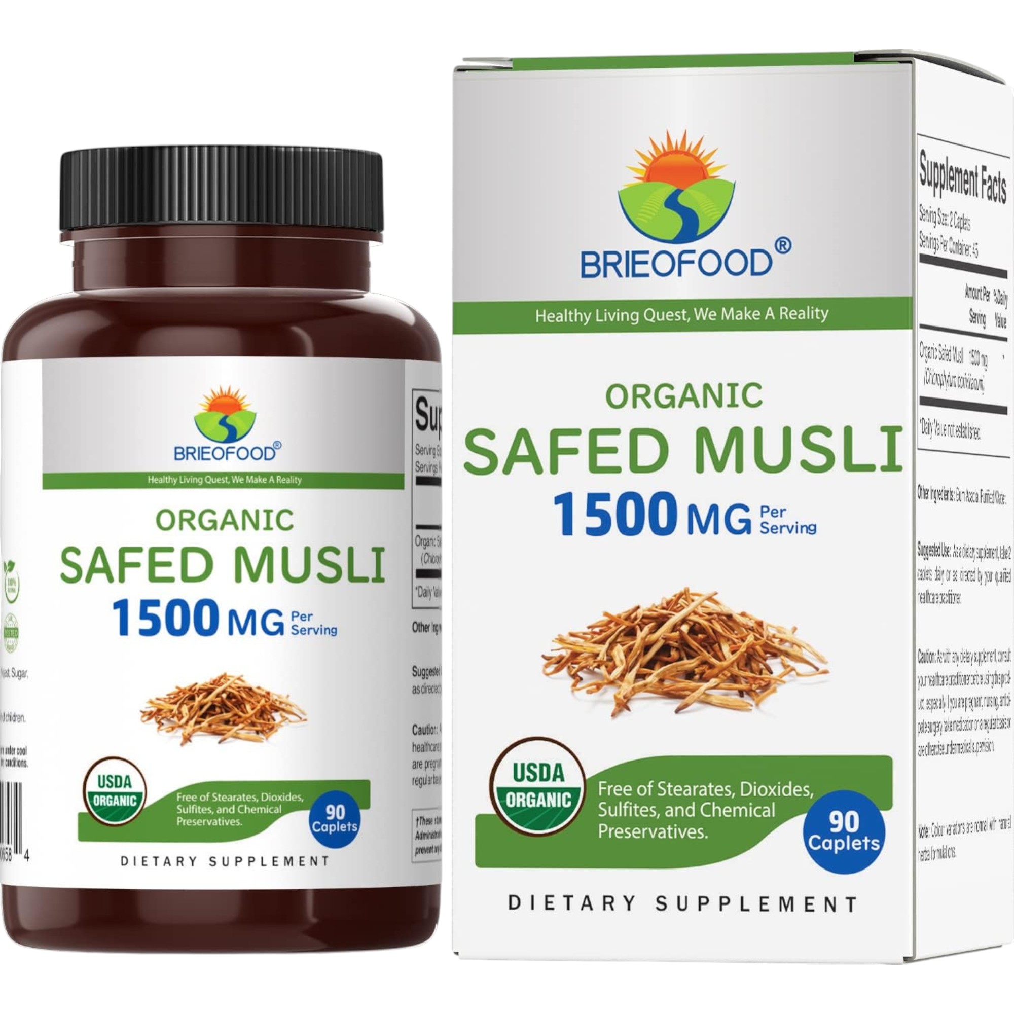 Brieofood Organic Safed Musli 1500mg – 90 Vegetarian Tablets, Gluten Free Herbal Supplement for Energy & Vitality
