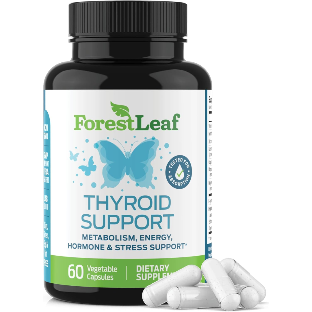 Thyroid Support Supplement With Iodine - All Natural Mineral and Vitamin Complex with B12, Zinc, Selenium, and More - 60 Caps (30 Day Supply) - By Forestleaf