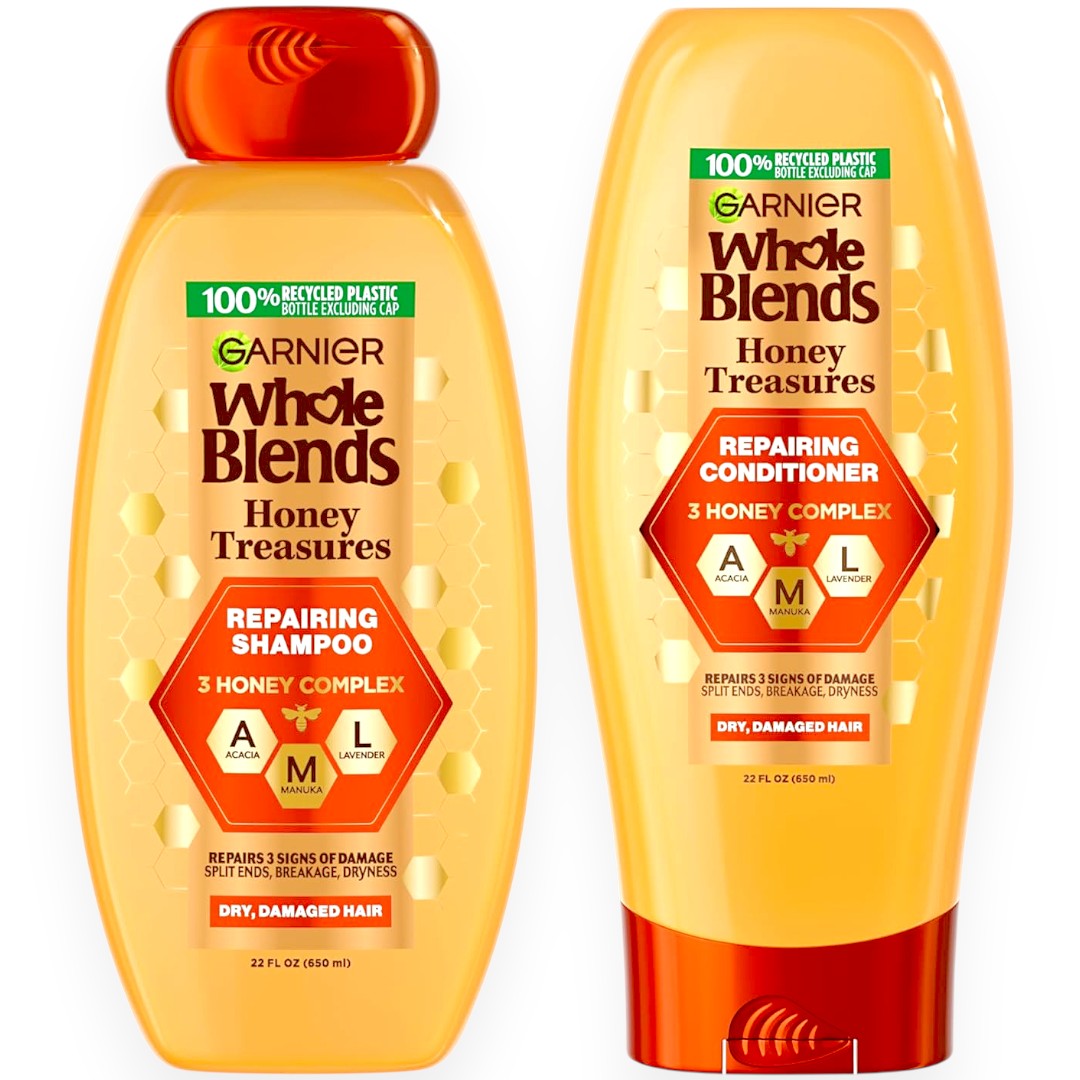Garnier Whole Blends Honey Treasures Repairing Shampoo + Conditioner Set – 22 Fl Oz – Imported USA/UK – Restores Dry, Damaged Hair (2 Items)