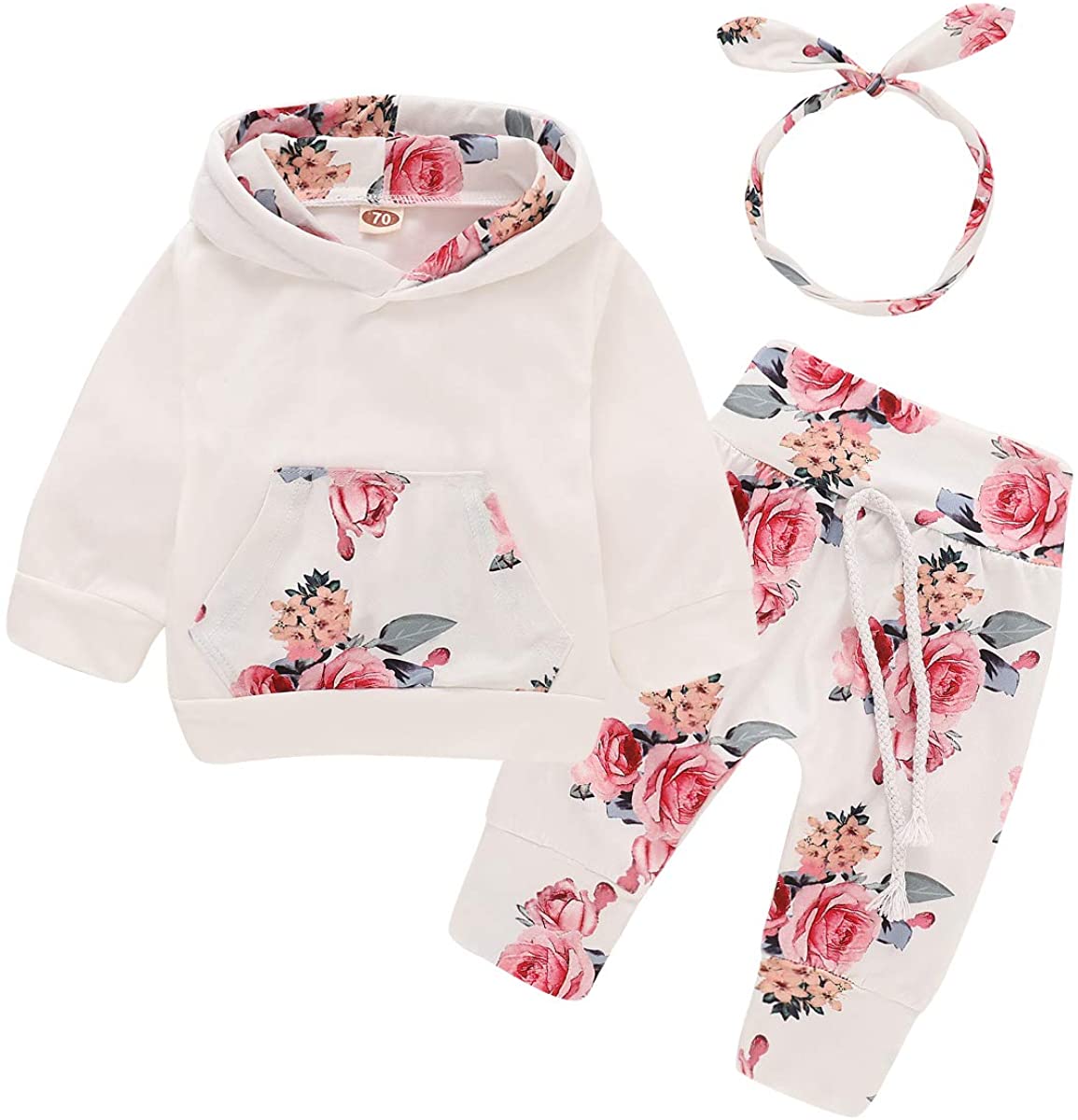 3Pcs Infant Toddler Baby Girl Clothes Long Sleeve Hoodie with Pocket Tops Floral Pants Outfits Set with Headband