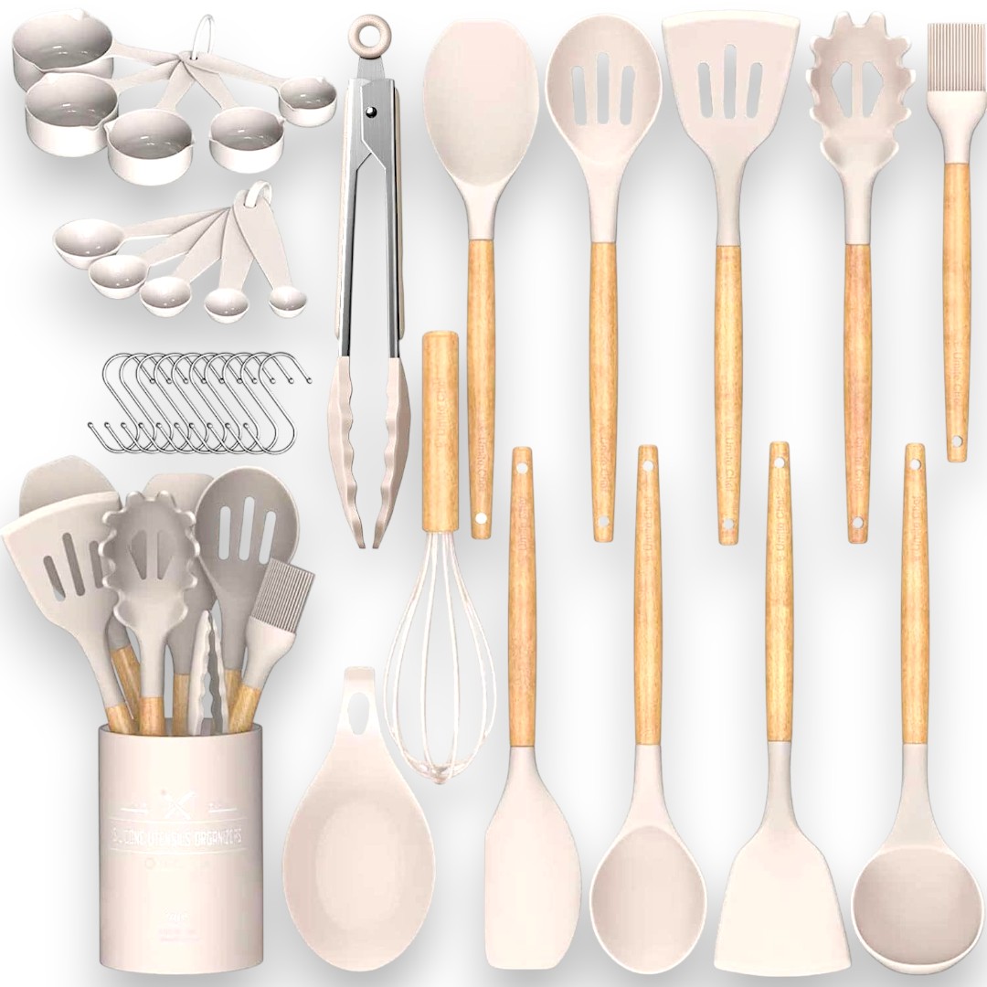 Umite Chef 33 PCS Kitchen Utensils Set - Non-Stick Silicone Cooking Tools with Wooden Handle & Holder - BPA Free, Heat Resistant - Khaki Color - Imported for Amazon Pakistan Online Shopping