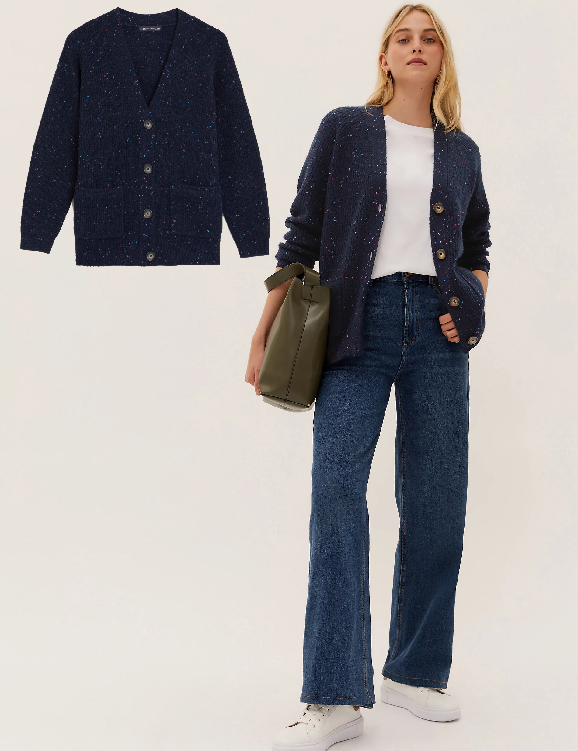 M&S COLLECTION - Textured V-Neck Relaxed Boyfriend Cardigan Sweater - Navy Mix