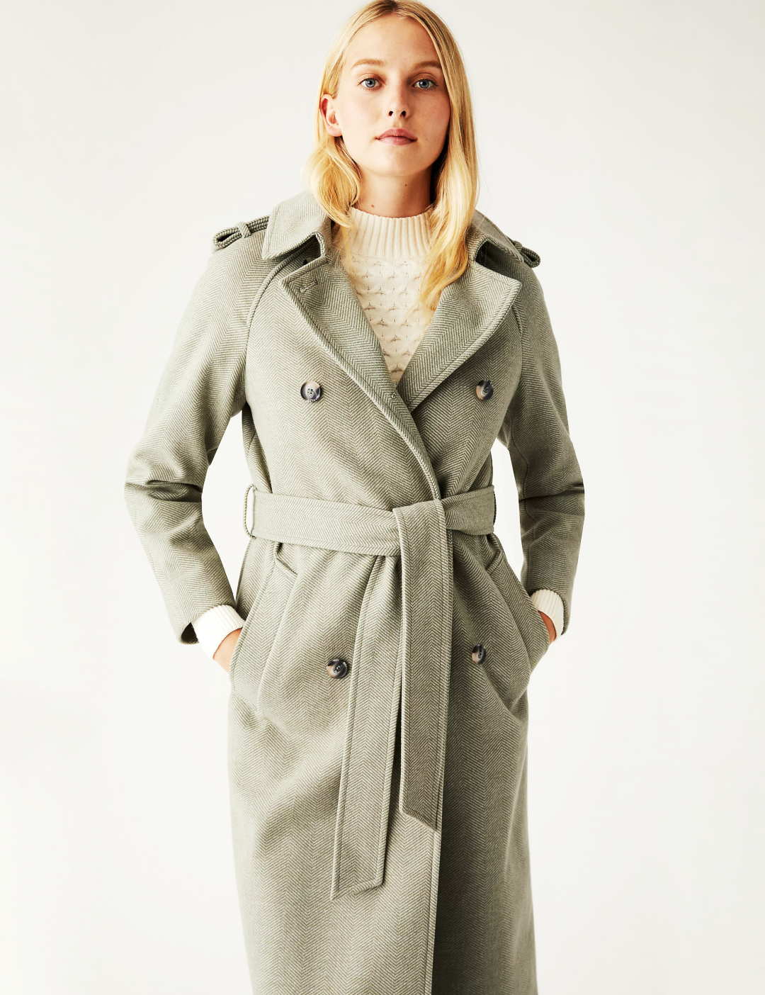 Winter Long Coat - Herringbone Longline Trench Style Coat - Khaki Mix