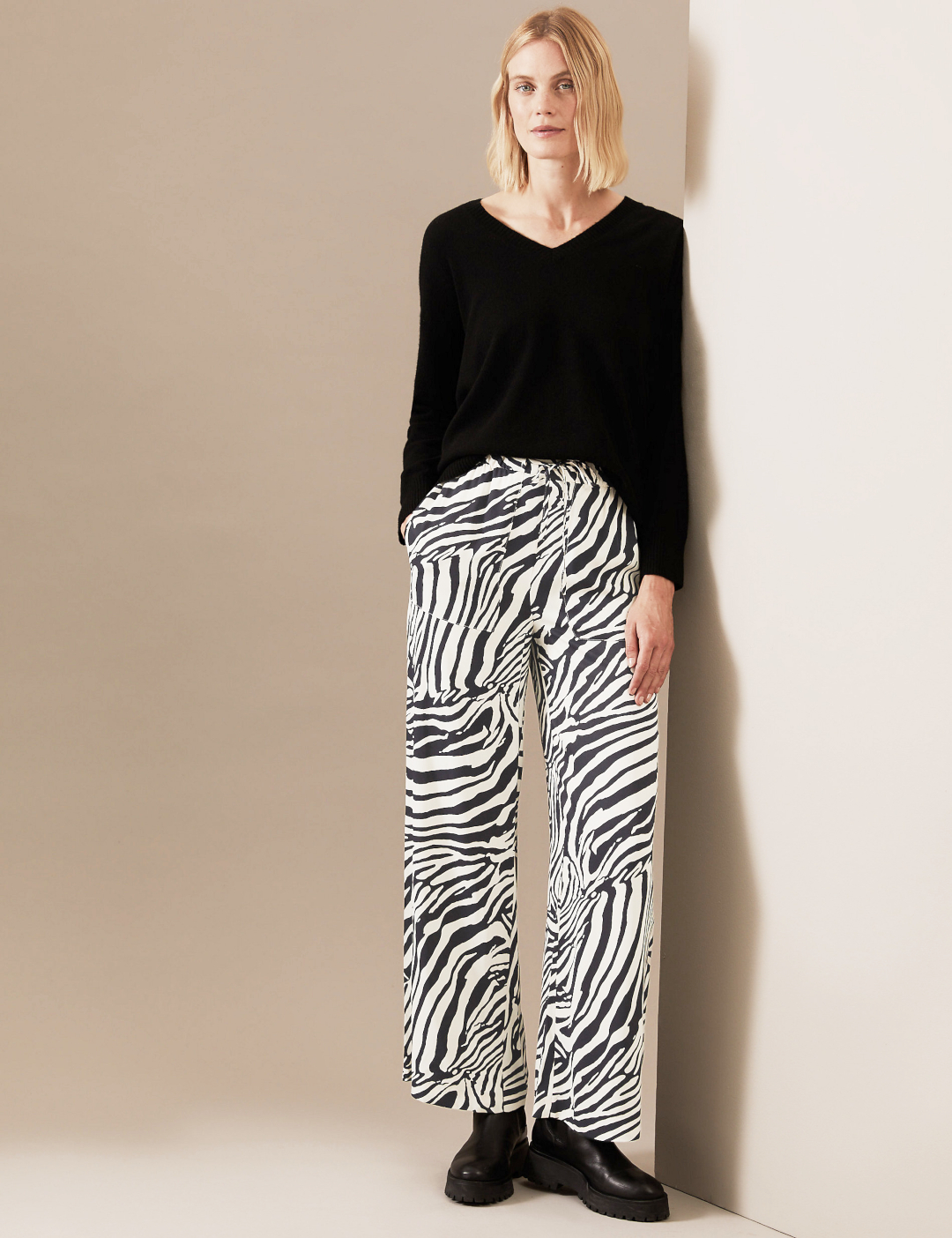 Animal Print Wide Leg Trousers by Marks and Spencer - Black Mix