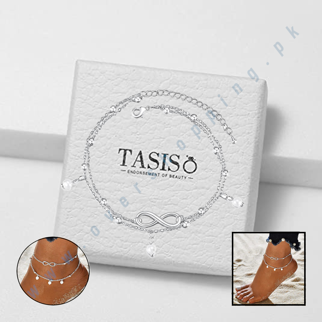 Tasiso 14K Gold Plated Layered Layered Pearl Beaded infinity anklet Silver, Ankle Bracelets for Women