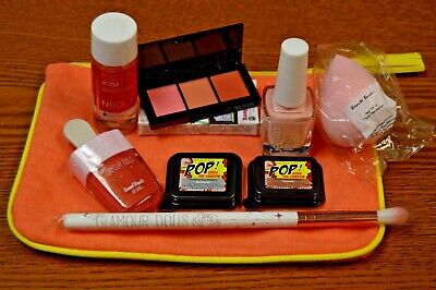 8 Beauty Products, Lips Blush, Eye Shadow, Brush Polish, Cleanser, Sponge with Bag
