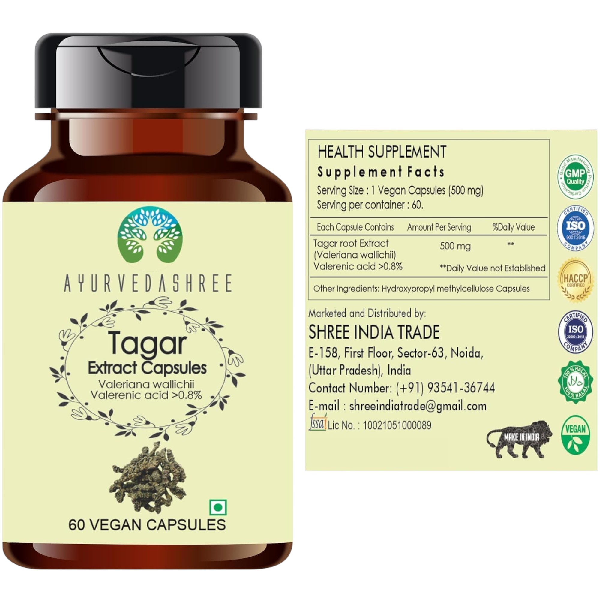 AYURVEDASHREE Tagar Extract 500mg Capsules – 100% Natural Vegan Supplement for Stress Relief & Digestion (60 Veg Capsules)