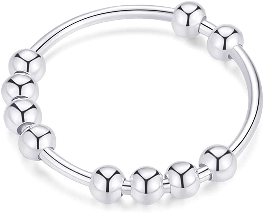 925 Sterling Silver Anti Anxiety Fidget Ring for Women with Spinner Beads - (silver, 8)