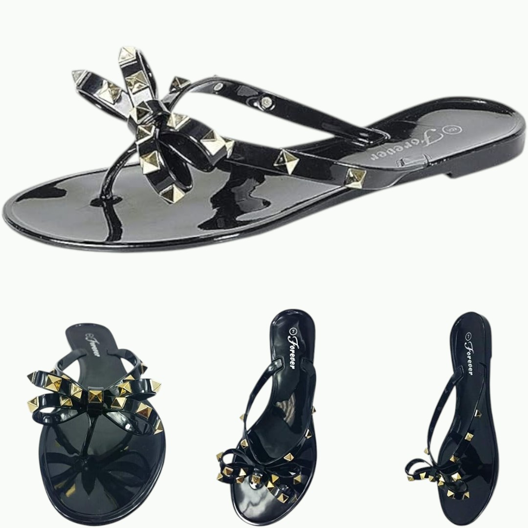 Women's Studded Jelly Bow Flip Flops Black- Fashion Summer Sandals for Beach, Casual Outings & Social Events | Imported from USA