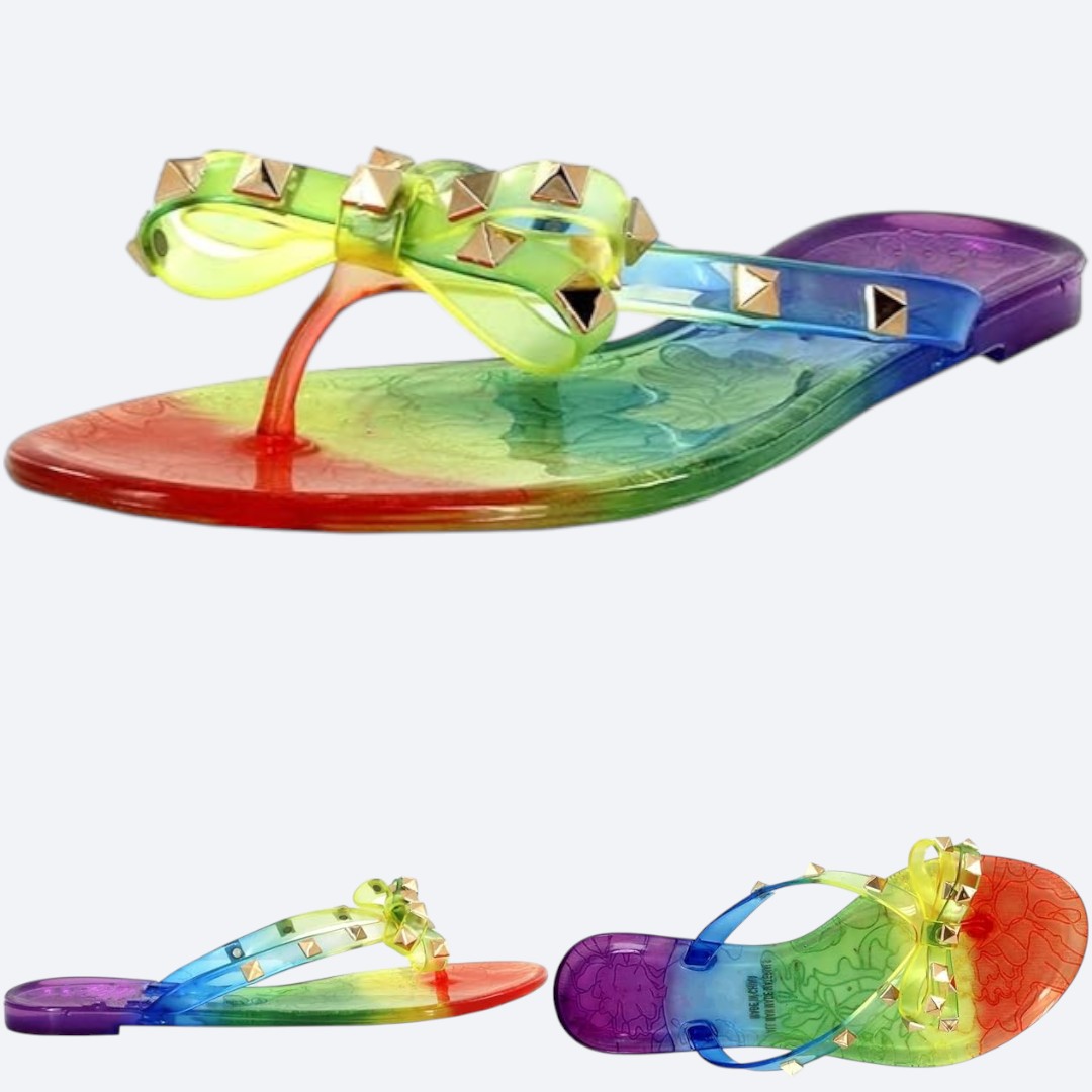 Women's Rainbow Jelly Sandals with Studded Bow Design - Multi-Color Flip Flops for Weddings, Beach Parties & Summer Fashion | Imported from USA