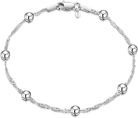 Amberta 925 Sterling Silver 1.4mm Singapore Chain Bracelet with 4mm Ball Beads - 7" 7.5" Inches