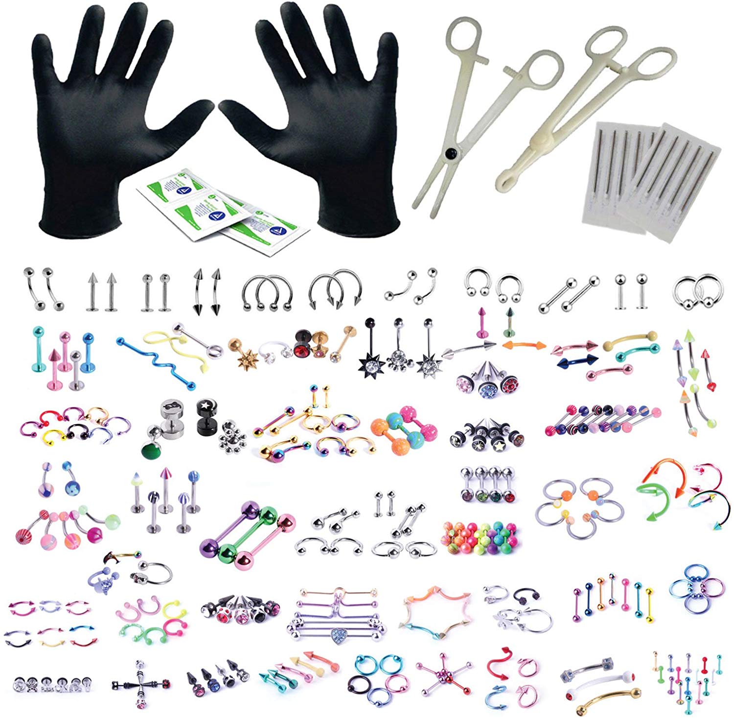 BodyJ4You 156PC Body Piercing Kit Lot 14G 16G Belly Ring Labret Tongue Tragus Random Mix Jewelry