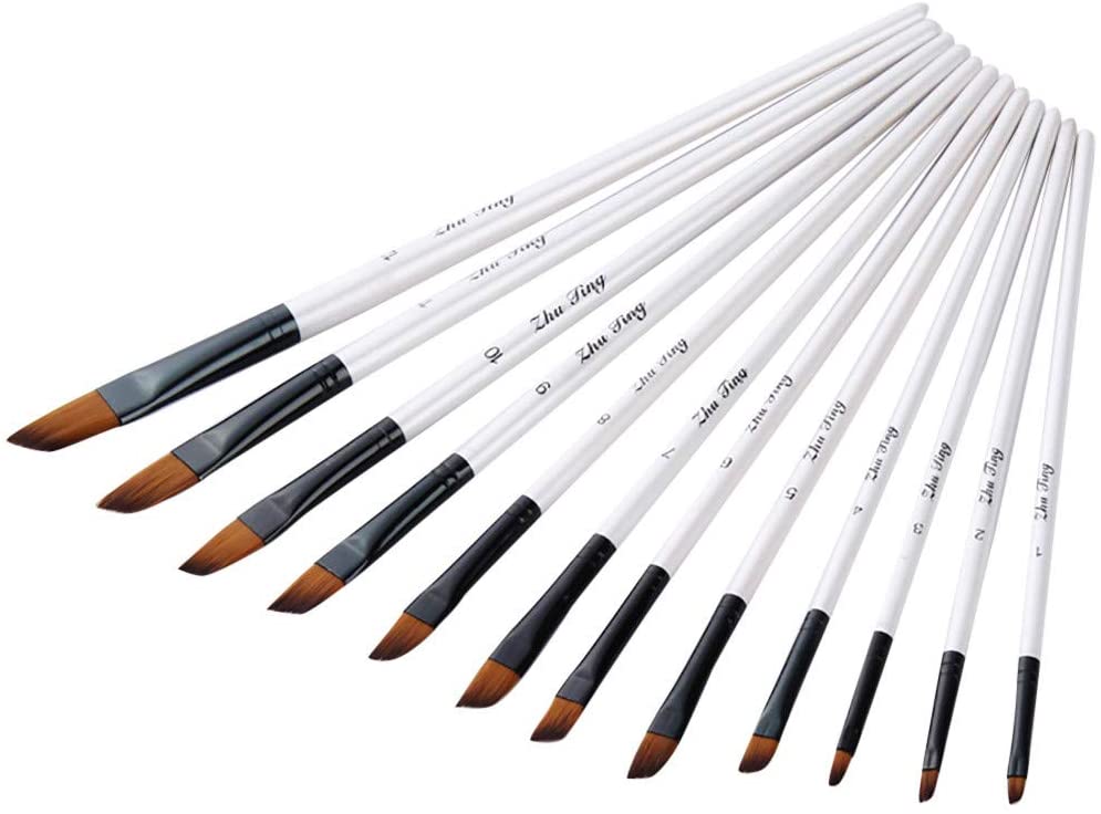EDTO 12pcs Artist Watercolor Paint Brush Set for Watercolor Rock & Face Painting Filbert Paint Brushes (White)