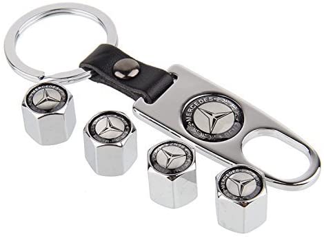 eXeAuto a-54 Silver Tire Valve Stem Air Caps Cover and Keychain Combo Set for Mercedes Benz