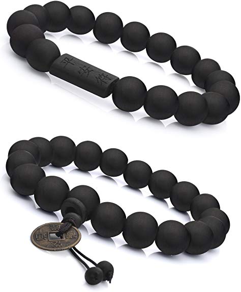 FIBO STEEL 2Pcs 11mm Wood Beaded Bracelet for Men Buddhist Beads Elastic