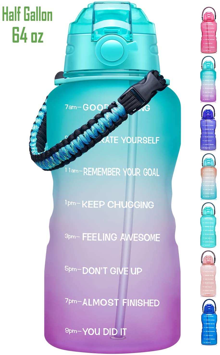 Fidus Large Half Gallon/64OZ Motivational Water Bottle with Paracord Handle & Removable Straw - BPA Free Leakproof Water Jug with Time Marker to Ensure You Drink Enough Water Daily