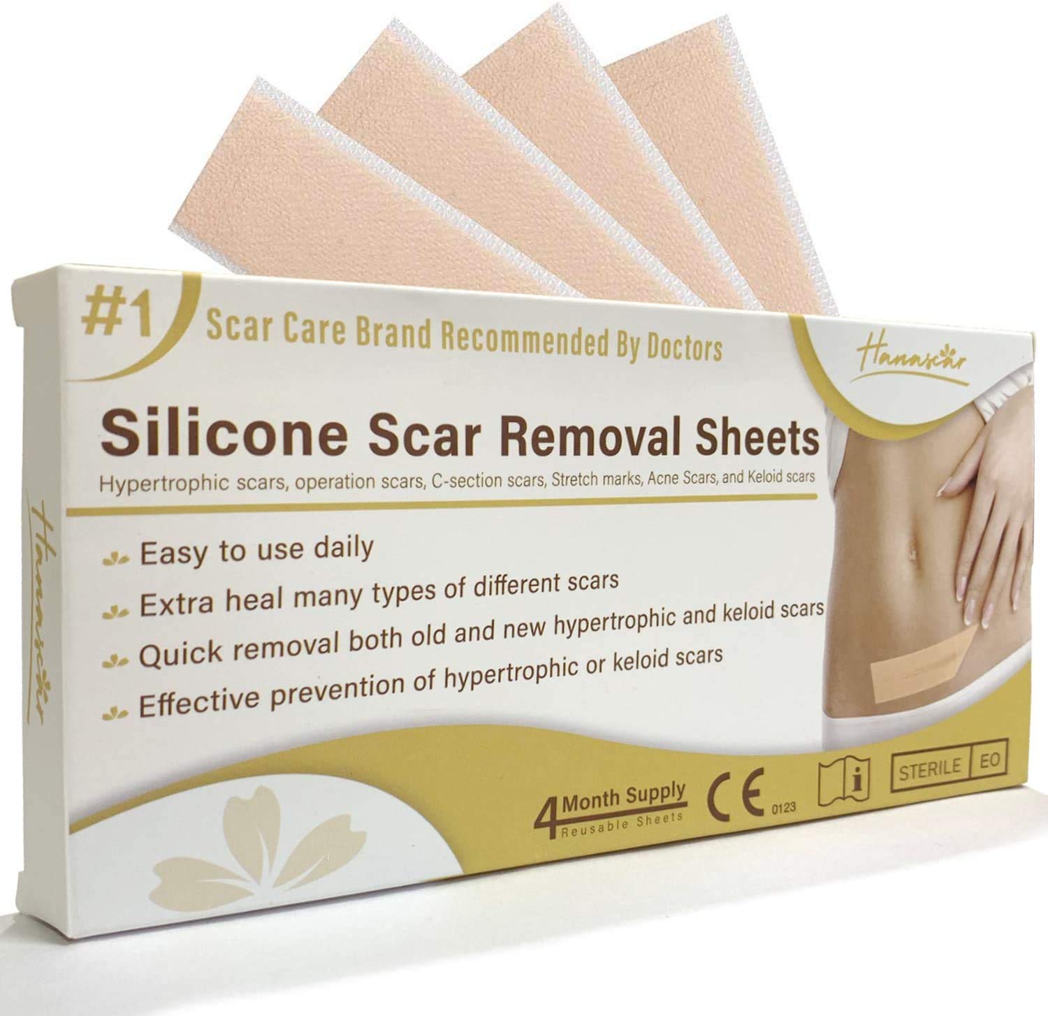 HANASCAR Professional Silicone Scar Removal Sheets, Treat Scars Caused by C-Section, Surgery, Burn, Injuries, Acne, and Stretch Marks, Works on Old & New Scars, 5.7"×1.57” - 4 Reusable Sheets