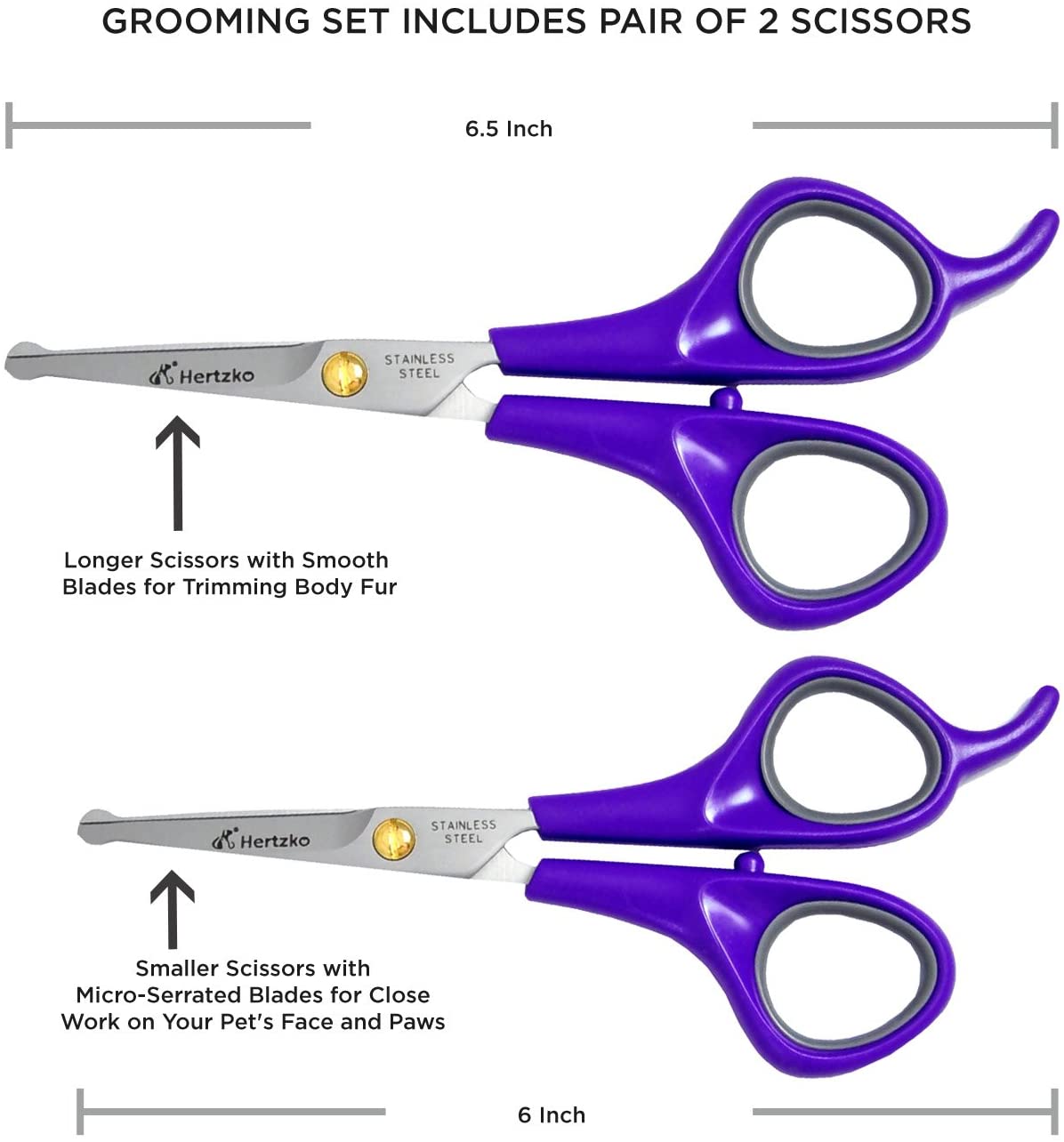 Hertzko Pet Grooming Scissors Set with Safety Round Tip Includes Serrated Blade Scissors for Facial Hair Trimming + Regular Shears for Body Fur Trimming - Suitable for Dogs, Cats, and Rabbits
