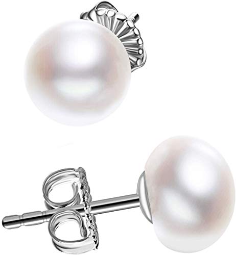 JORA Sterling Silver White Button Freshwater Cultured Pearl Stud Earrings for Women Gift