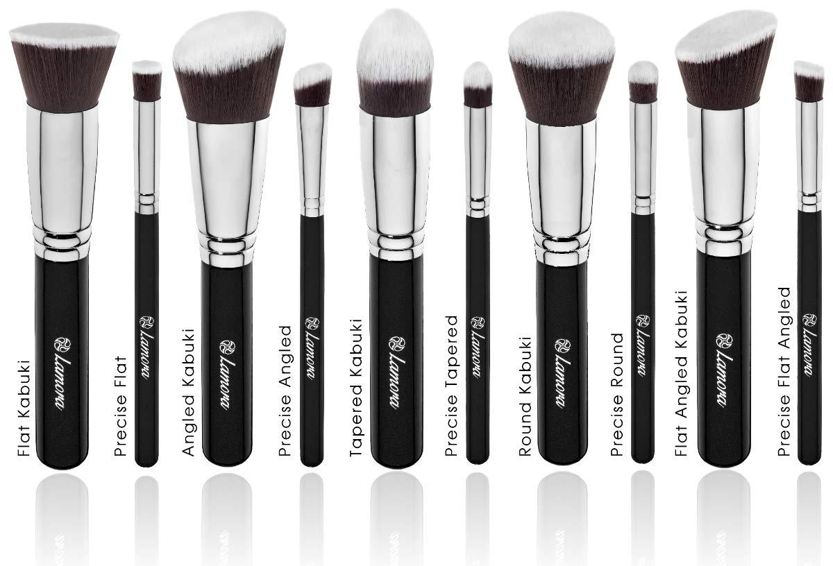Lamora 10 Piece Professional Kabuki Brushes For Face And Eye Blending, Contouring, Highlighting & Setting Powder - Angled, Round & Tapered Synthetic Bristles