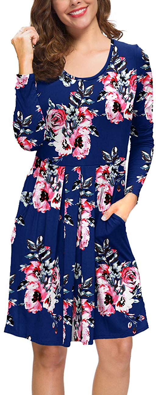Long Sleeve Pleated Loose Swing Casual Dress with Pockets Knee Length Navy Blue