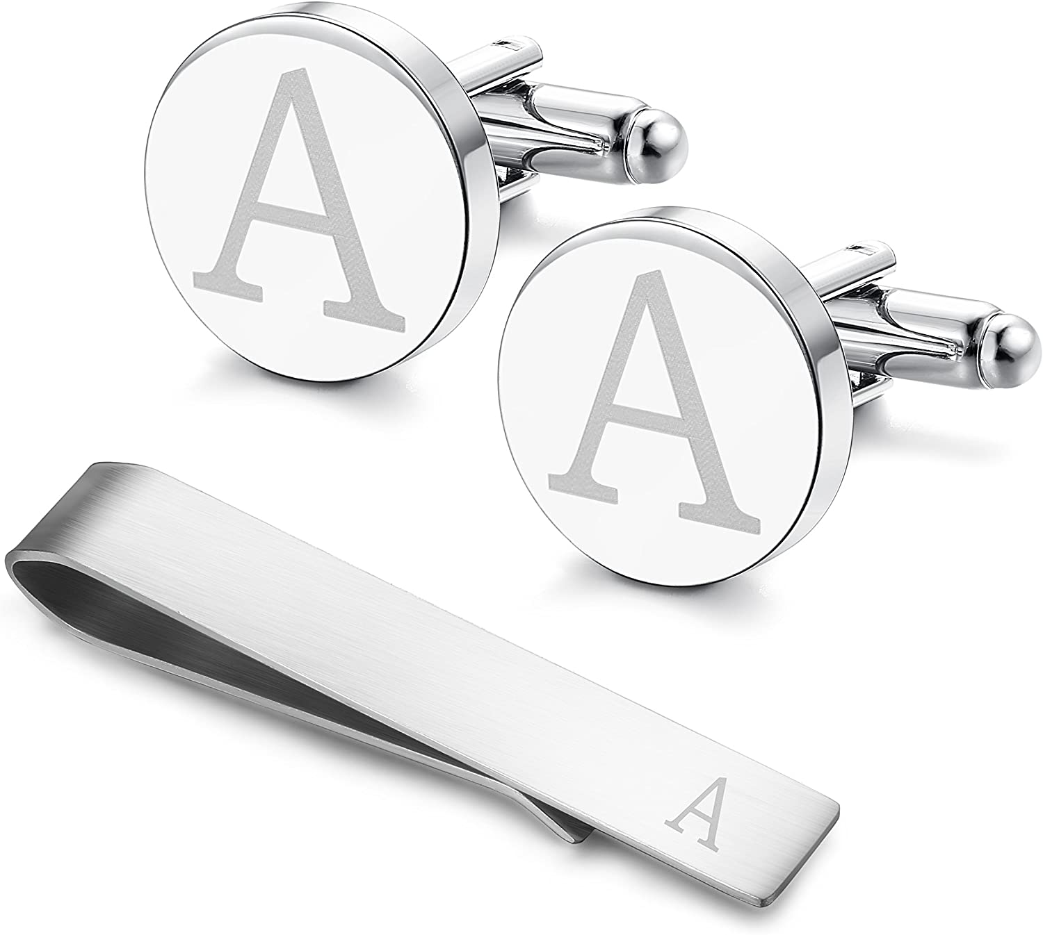 LOYALLOOK Stainless Steel Engraved Initial Cuff-Links and Tie Clip Bar Gift Set Box Alphabet Letter A-Z