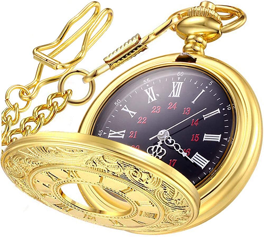 LYMFHCH Vintage Roman Numerals Quartz Pocket Watch, Men Womens Watch with Chain Xmas Fathers Day Gift