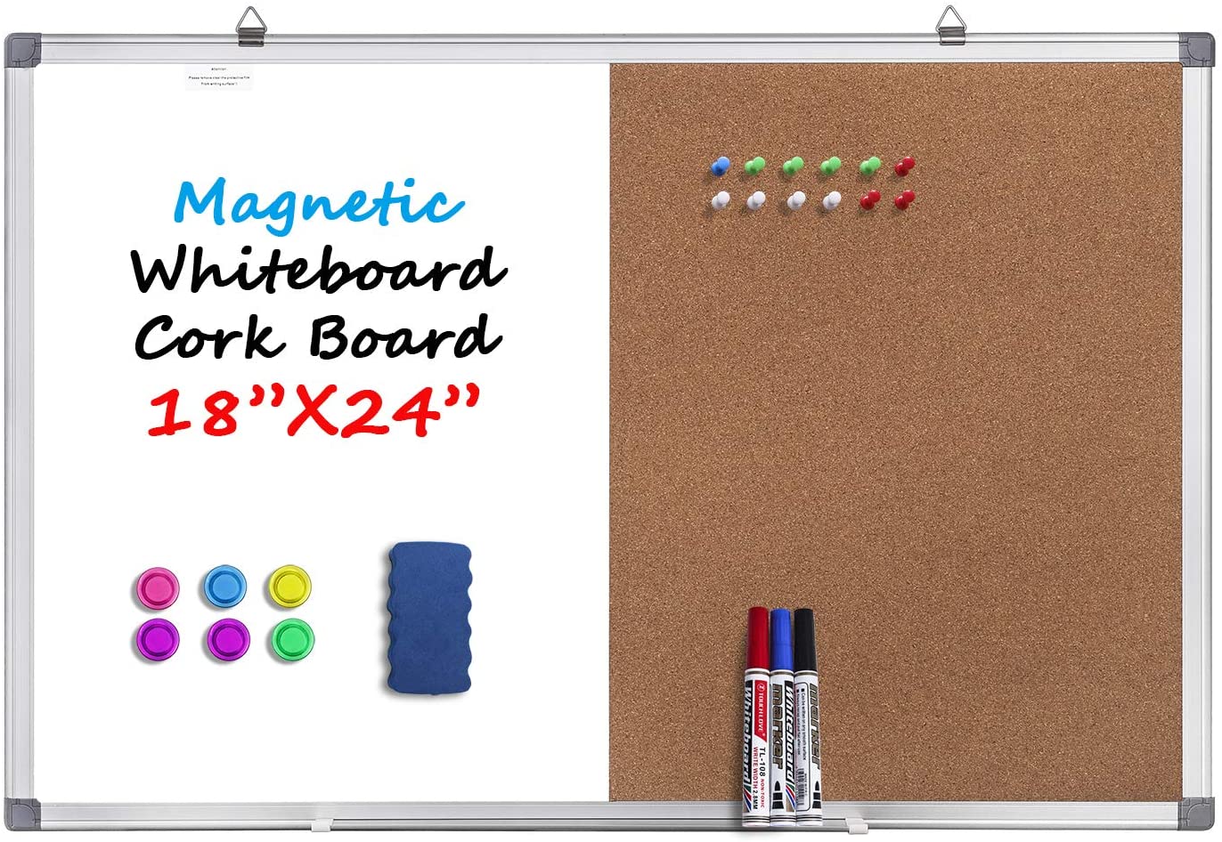 Magnetic Whiteboard and Cork Board Combination Board, Dry Erase Board Bulletin Combo Board for Home Office, Wall Mounted Message Memo Board with Markers, Eraser, Magnets, Push Pins, 18 x 24 Inches