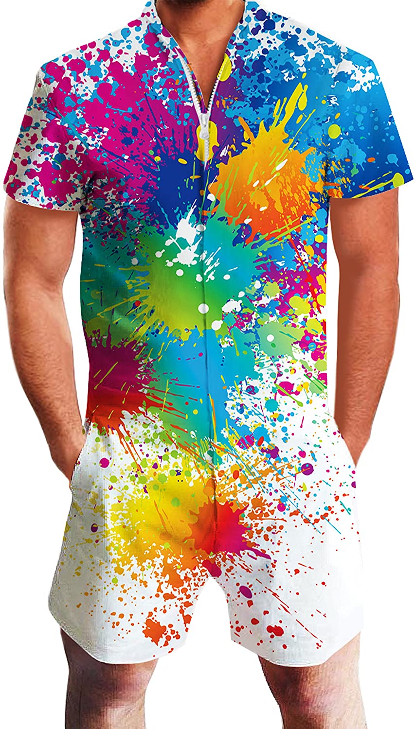 Mens Rompers 3D Print Short Sleeve Zip One Piece Jumpsuit with Deep Pockets - by Goodstoworld
