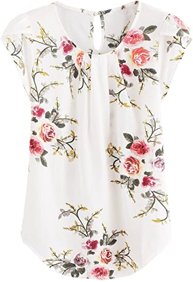 Milumia Women's Casual Round Neck Basic Pleated Top Cap Sleeve Curved Keyhole Back Blouse