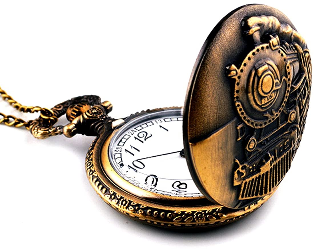 Picvadee Unisex Antique Case Vintage Brass Rib Chain Quartz Pocket Watch Train NT004