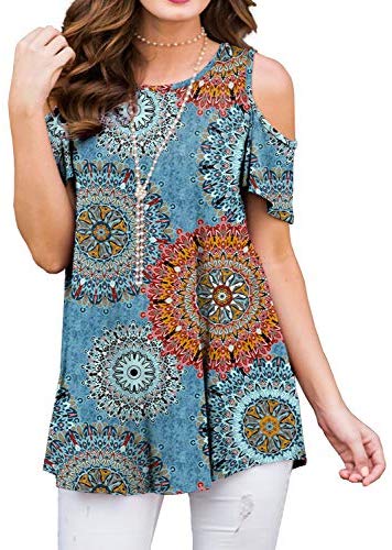 PrinStory Women's Shorts Sleeve Casual Cold Shoulder Tunic Tops Loose Blouse Shirts