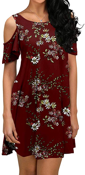 QIXING Women's Summer Cold Shoulder Tunic Top Swing T-Shirt Loose Dress with Pockets