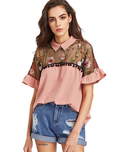 SheIn Women's Cute Embroidered Sheer Neck Ruffle Cuff Collared Blouse Medium Pink