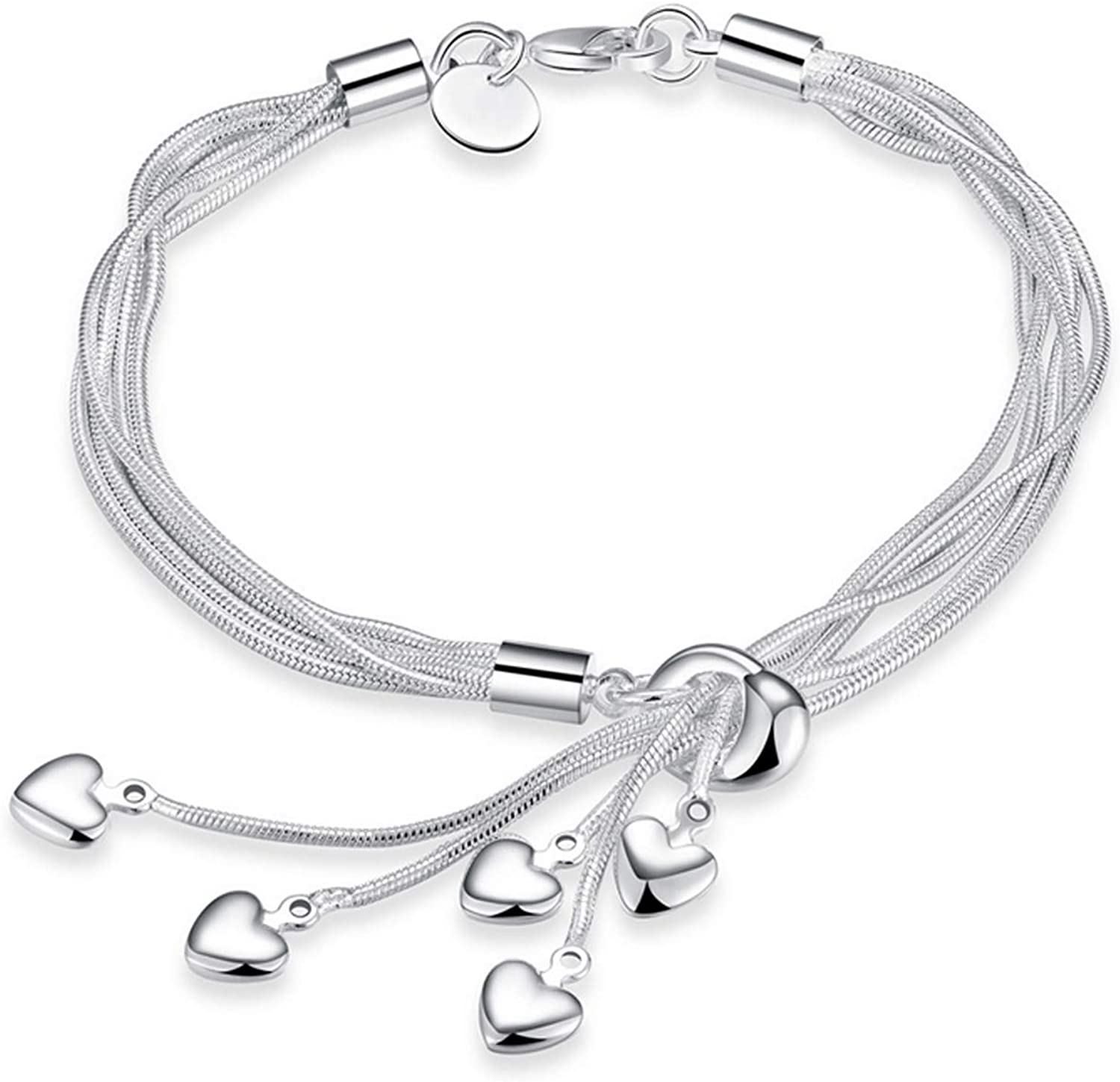 SOSUO 925 Sterling Silver Five-Line Chain with Five-Heart Bracelet Bangles
