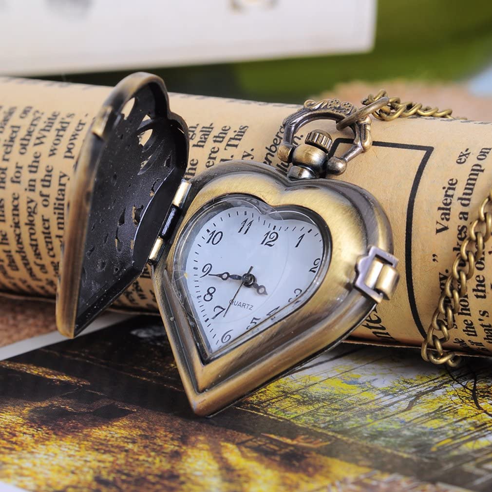 Souarts Antique Bronze Color Hollow Heart Shape Pocket Watch