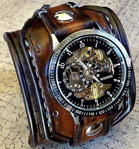 Steampunk Leather Cuff Watch, Skeleton Men's watch, Aged brown Leather Cuff, Bracelet Watch, Wrist Watch