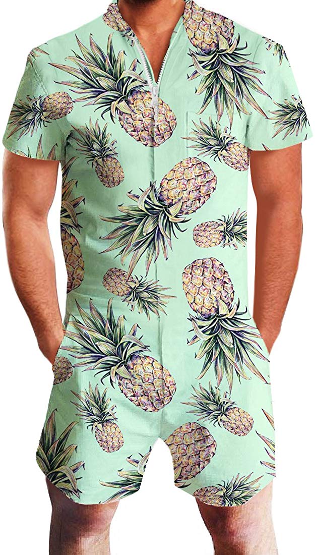 uideazone Men Romper 3D Printed Zipper Jumpsuit Short Sleeve One Piece Casual Overalls Outfits - Pineapple