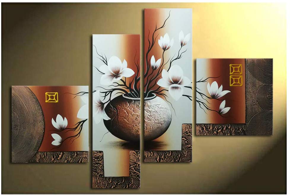 Wieco Art 4-Piece Elegant Flowers Stretched and Framed Hand-Painted Modern Canvas Wall Art