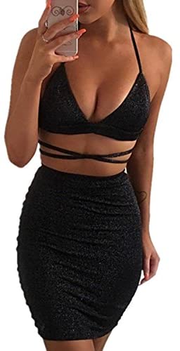 Women's Glitter V Neck Halter Backless Sleeveless Bandage Bodycon Midi Dress