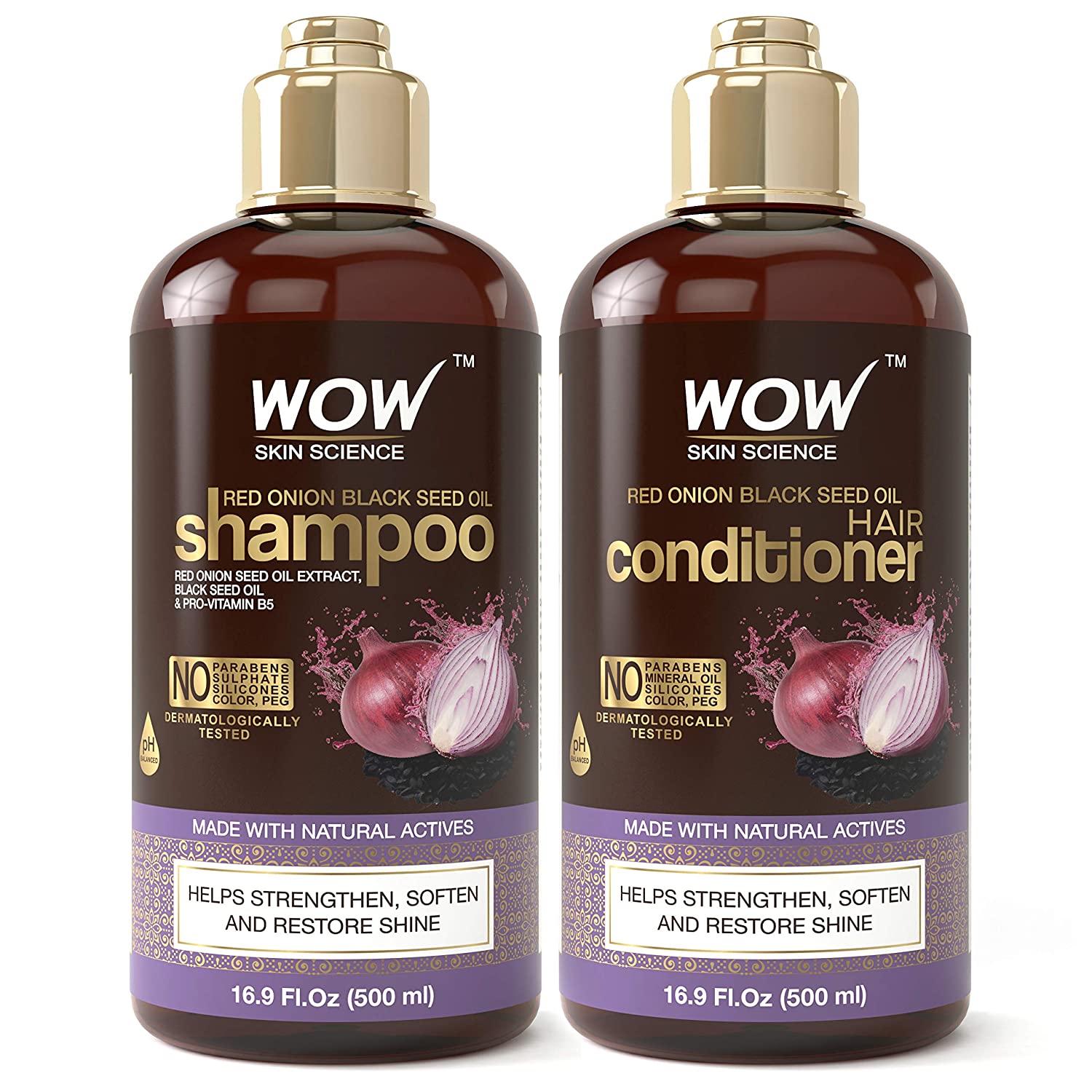 WOW Red Onion Black Seed Oil Shampoo & Conditioner Kit Increase Gloss, Hydration, Shine - Reduce Itchy Scalp, Dandruff & Frizz - No Parabens or Sulfates - All Hair Types - 16.9 Fl.Oz (500ml) Each
