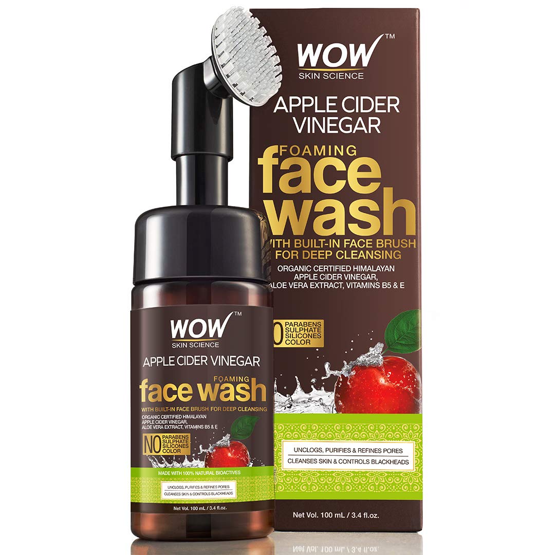 WOW Apple Cider Vinegar Exfoliating Face Wash W/Brush - Soft, Silicones Bristles - Foaming Cleanser For All Skin Type - Hydrate For Smooth Skin, Helps Remove Blackheads & Reduce Acne Breakout - 100ml