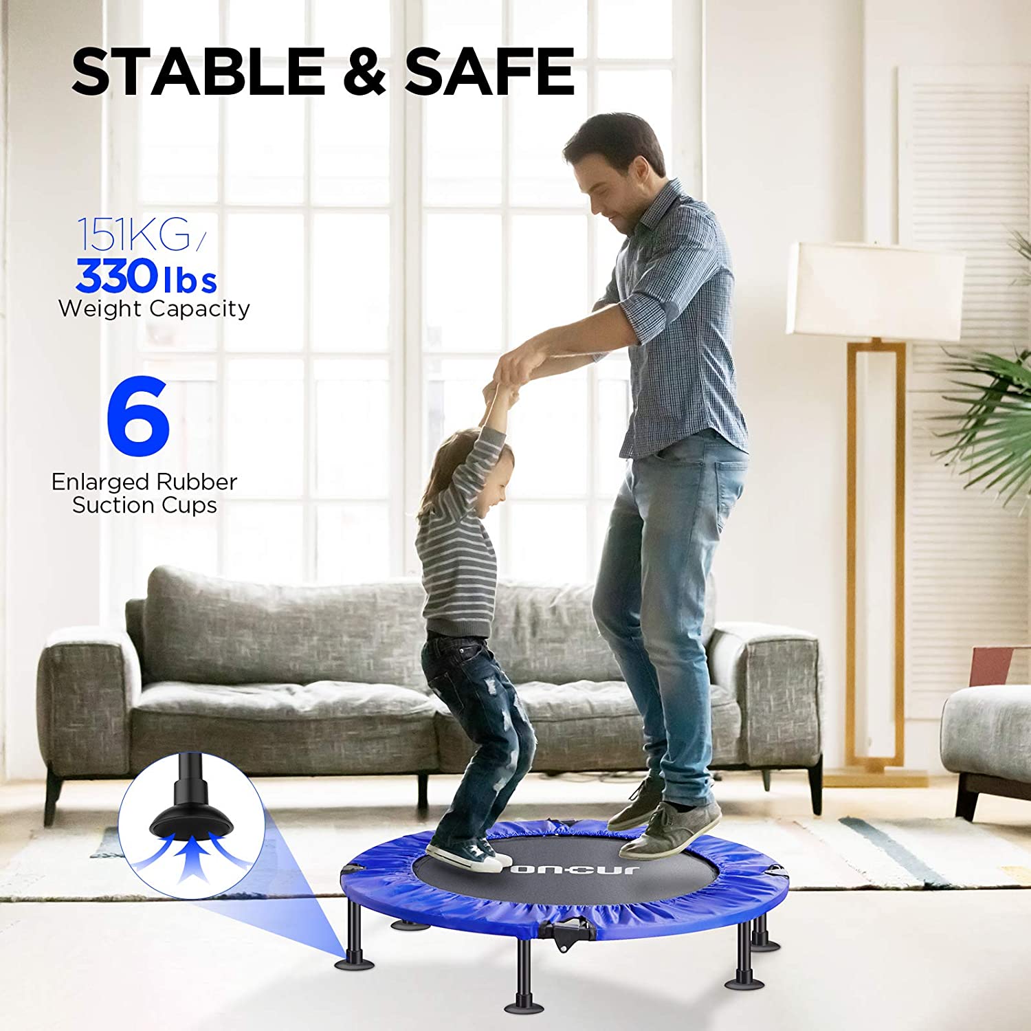 Toncur 2021 36" Mini Trampoline Fitness Foldable for Adults and Kids with Safety Pad/6 Anti-Skid Suction Cups, Stable & Quiet Exercise Rebounder Trampoline for Indoor/Garden Workout Max Load 330 lbs